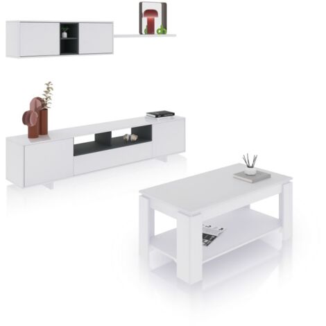 Pack salón con mesa de centro Kenzo Plus V1 Blanco Brillo - Gris Antracita (ancho) x 46cm (alto)