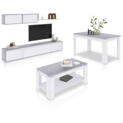 Pack salón con mesa de centro y mesa de comedor Arlet Max Blanco Artik (Blanco Mate) - Gris Cemento (ancho) x 43cm (alto)