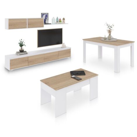 Pack salón con mesa de centro y mesa de comedor Arlet Max V2B Blanco Artik (Blanco Mate) - Roble Canadian (ancho) x 43cm (alto)