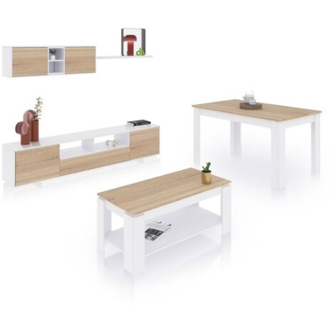 Pack salón con mesa de centro y mesa de comedor Kenzo Max V1A Blanco Artik (Blanco Mate) - Roble Canadian (ancho) x 46cm (alto)