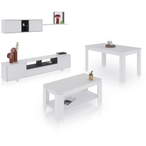 Pack salón con mesa de centro y mesa de comedor Kenzo Max V1A Blanco Brillo - Gris Antracita (ancho) x 46cm (alto)