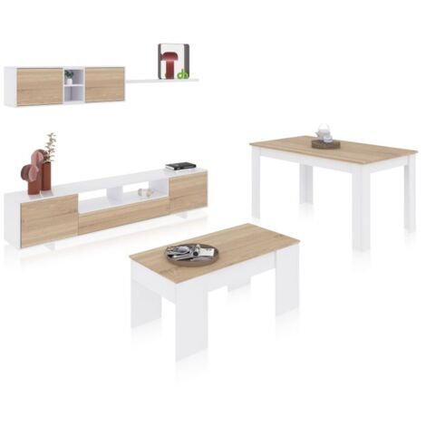Pack salón con mesa de centro y mesa de comedor Kenzo Max V2B Blanco Brillo - Roble Canadian (ancho) x 46cm (alto)