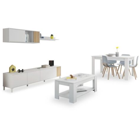 Pack salón con mesa de centro y mesa de comedor Nitza Max V1A Blanco Artik (Blanco Mate) - Natur (ancho) x 47cm (alto)