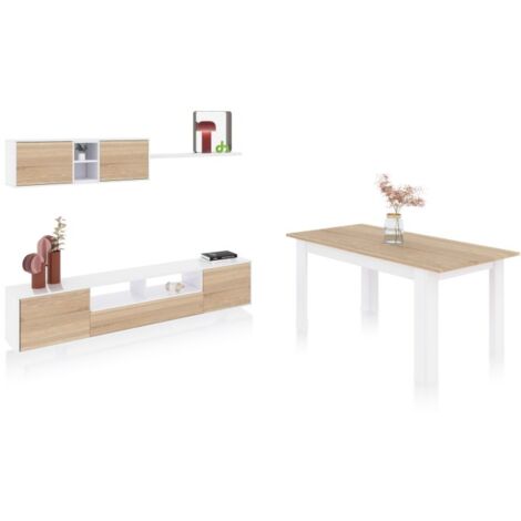Pack salón con mesa de comedor Kenzo Plus VA Blanco Artik (Blanco Mate) - Roble Canadian (ancho) x 46cm (alto)