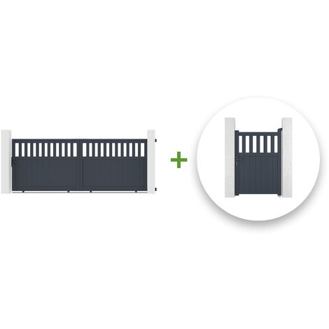 Pack Schiebetor 3,7 m SANTIS 370C140 cm + Tor SANTIS 100P140 cm Grau