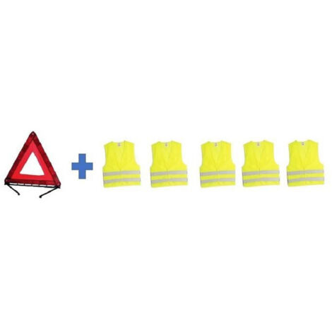 Pack sécurité HTC EQUIPEMENTS- 1 triangle de signalisation 550grs + 5 gilets de sécurité jaune taille XL 2 bandes réfléchissantes