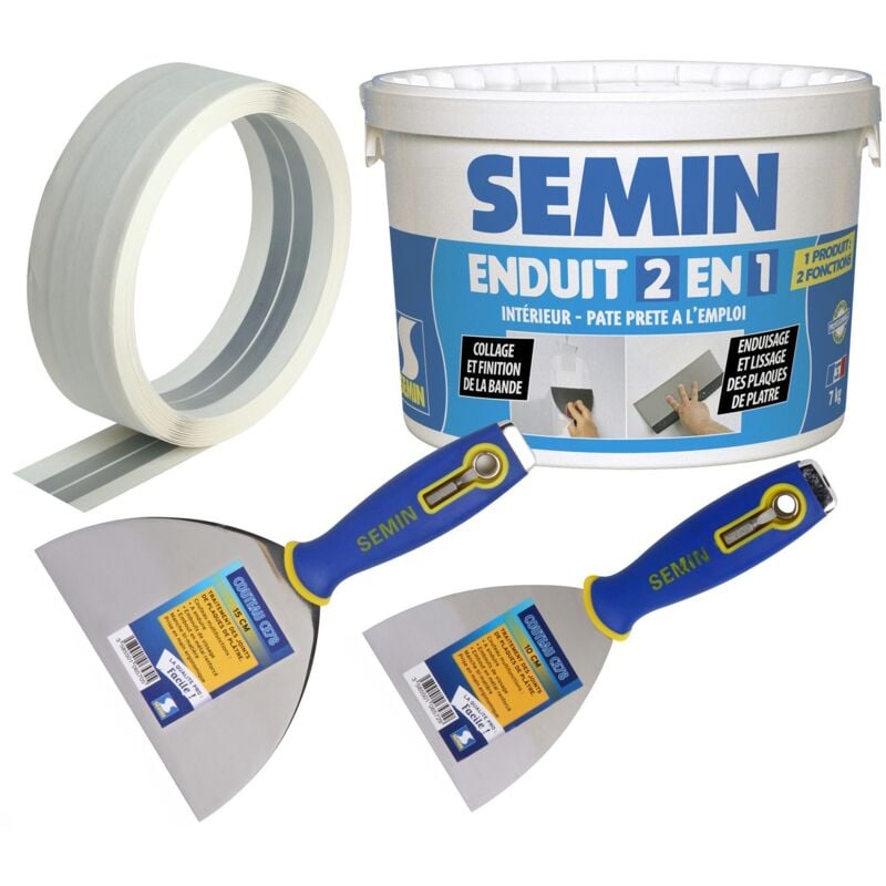 Semin - Pack comprenant 1 bande armée pour la réalisation et le renfort des angles sortants - 12,5 m, 1 enduit 2 en 1 multifonctions - seau de 7 kg,