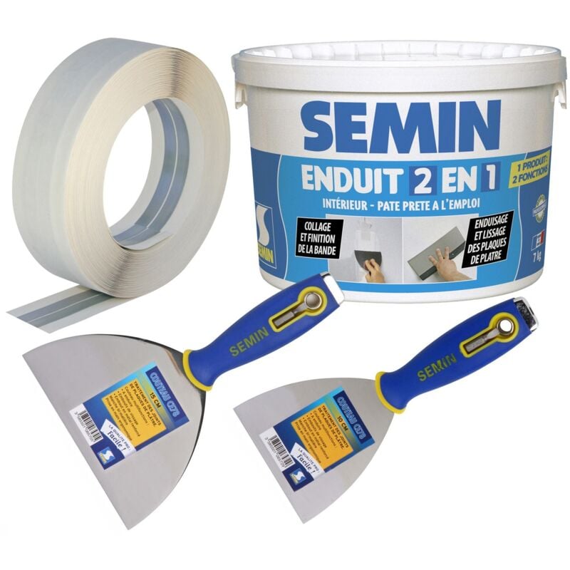 Semin - Pack comprenant 1 bande armée pour la réalisation et le renfort des angles sortants - 30 m, 1 enduit 2 en 1 multifonctions - seau de 7 kg, 1