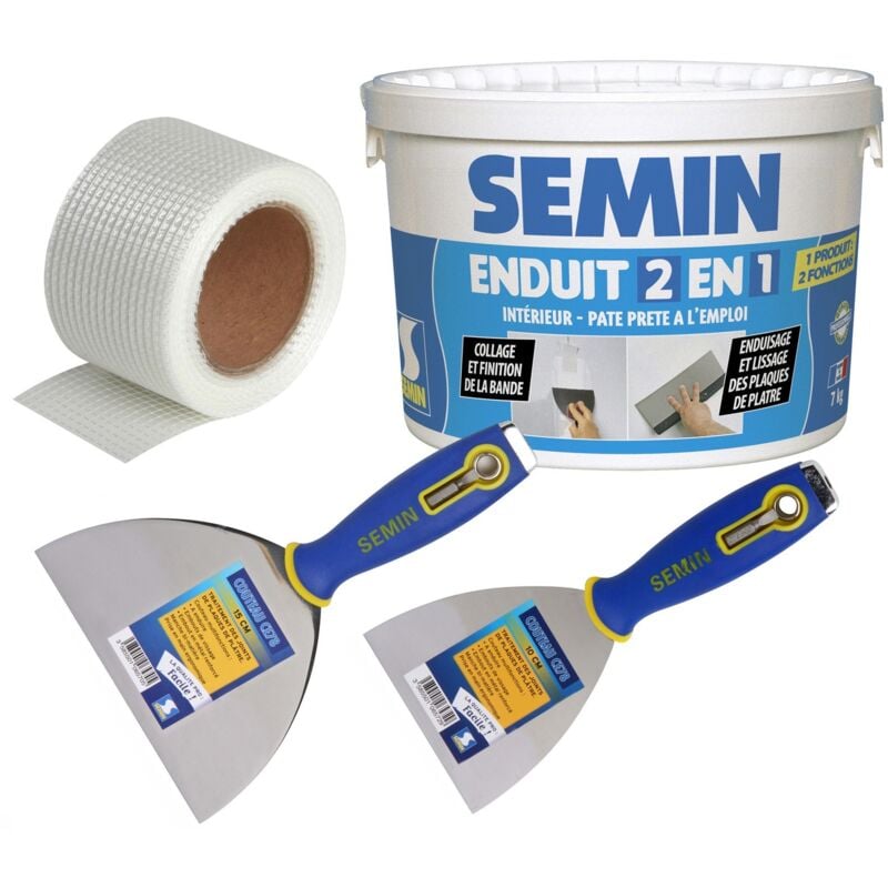 Semin - Pack comprenant 1 bande grillagée adhésive pour joints des plaques de pâtre - 20 m, 1 enduit 2 en 1 multifonctions - seau de 7 kg, 1 couteau