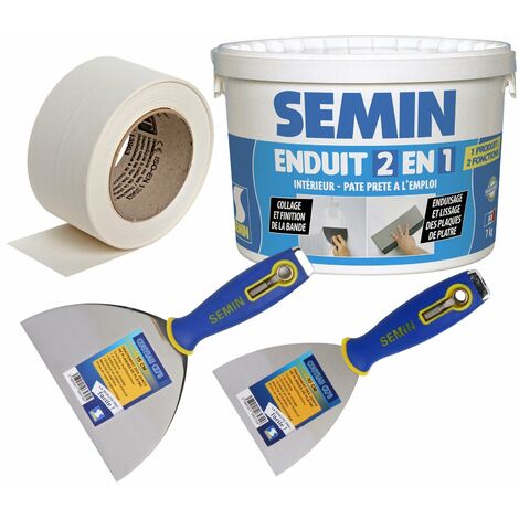 Pack Semin comprenant 1 bande joint papier pour joints des plaques de plâtre - 23 m, 1 enduit 2 en 1 multifonctions - seau de 7 kg, 1 couteau à enduire - 10 cm et 1 couteau - 15 cm