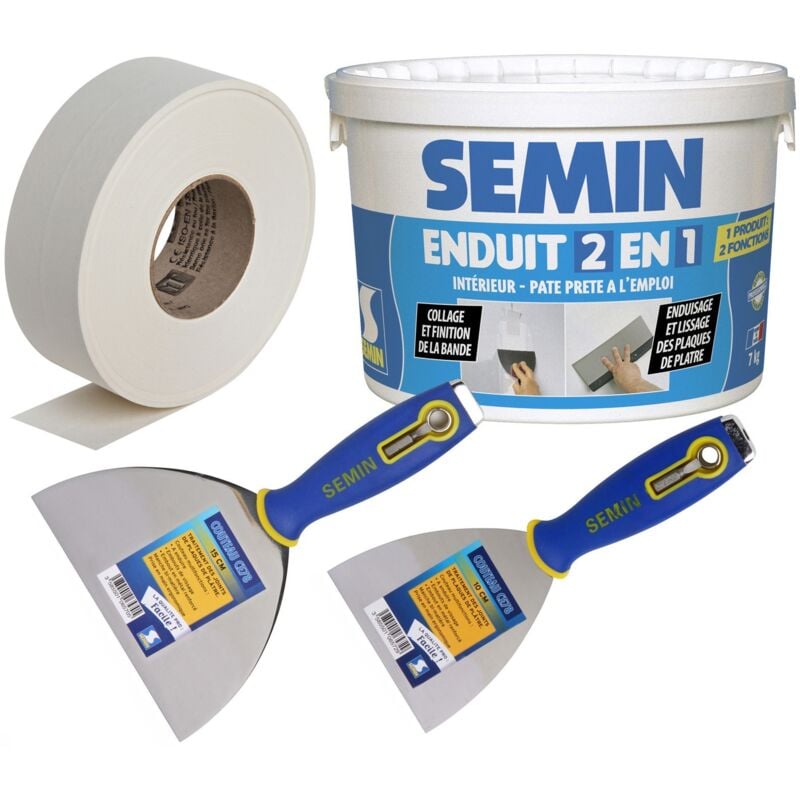 Semin - Pack comprenant 1 bande joint papier pour joints des plaques de pâtre - 75 m, 1 enduit 2 en 1 multifonctions - seau de 7 kg, 1 couteau à