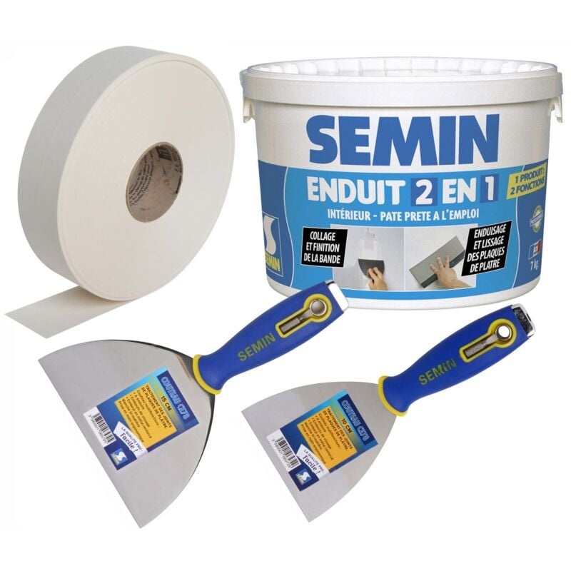 Pack Semin comprenant 1 bande us papier pour joints des plaques de pâtre - 150 m, 1 enduit 2 en 1 multifonctions - seau de 7 kg, 1 couteau à enduire