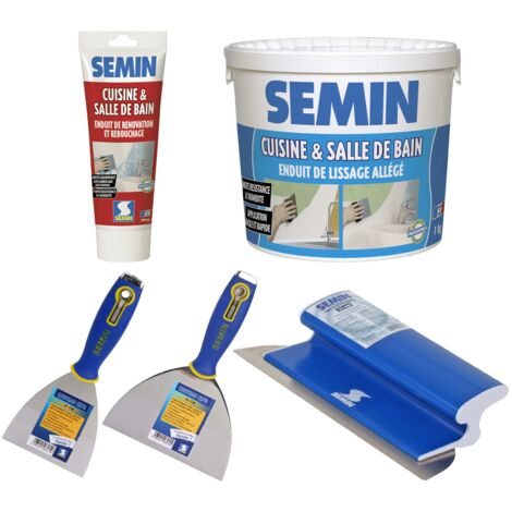 Pack Semin spécial rénovation salle de bain et cuisine pour 10 m² composé d'un enduit de rebouchage et de lissage spécial pièces humides et des outils nécessaires à cette rénovation