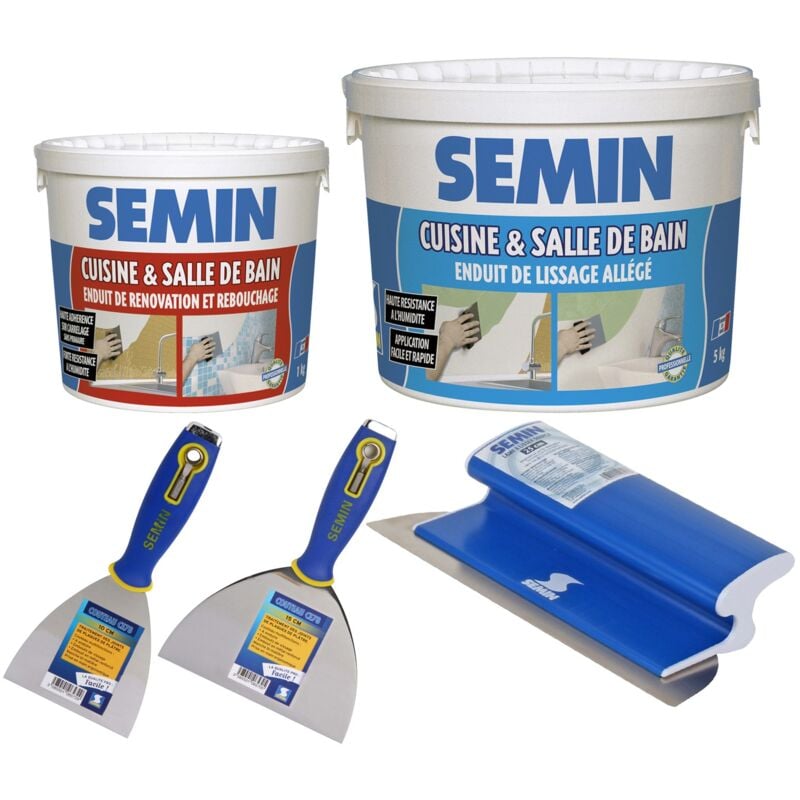 Pack Semin spécial rénovation salle de bain et cuisine pour 25m² composé d'un enduit de rebouchage & lissage spécial pièces humides et des outils