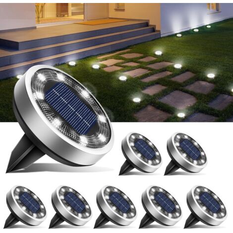 Pack Solar Ground Lights, 8 LED Outdoor Waterproof Solar Powered Lights for Pathways, Lawns, Patios, Driveways, Yards, Pools, Cool White [Energy Efficiency E]