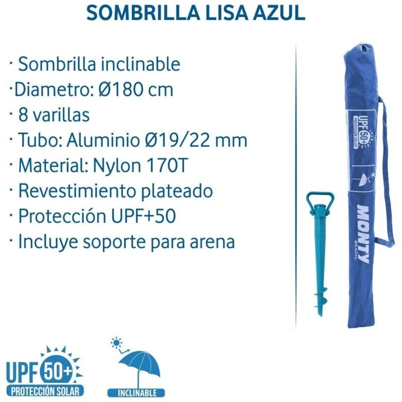

Pack sombrilla de playa de Ø 180 cm azul de acero, y soporte