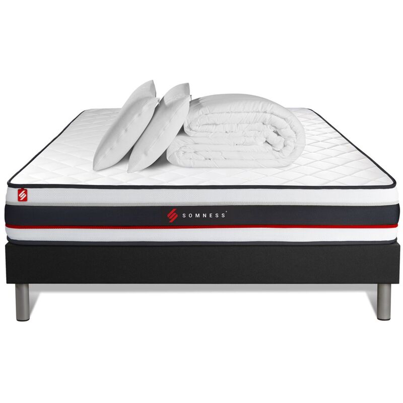 Somness - Pack sommier + matelas FORM 160x200 + 2 oreillers mémoire de forme + Couette Percale