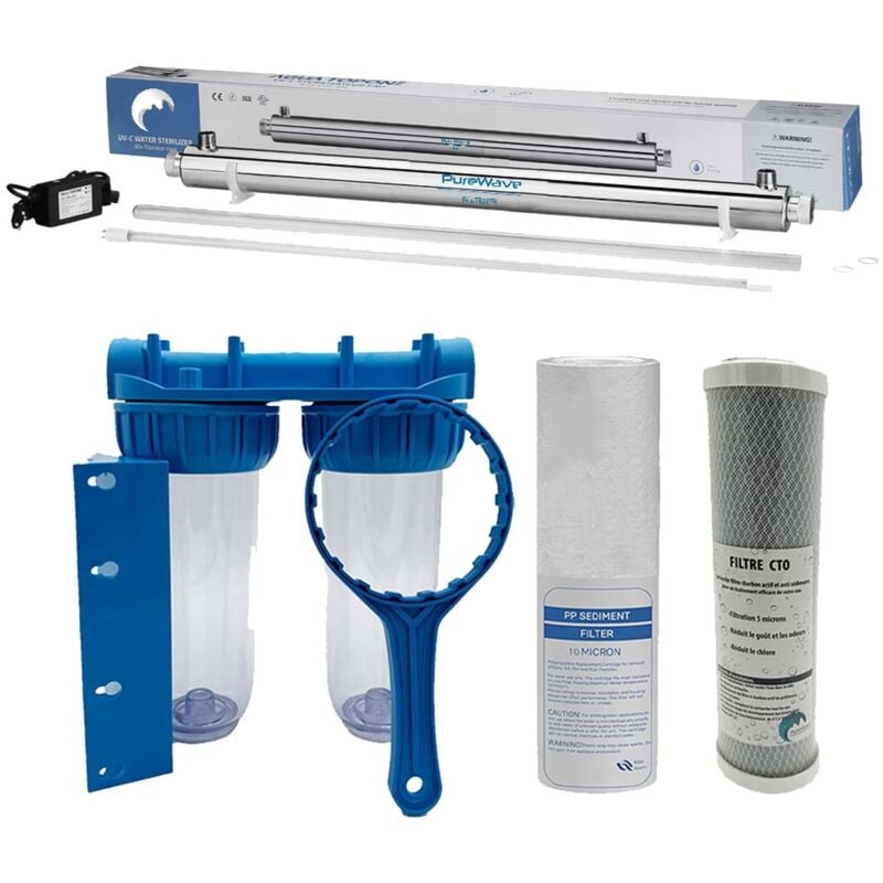 Pack stérilisateur uv 16w + 1 lampe de rechange + filtration d'eau double porte filtre + filtres