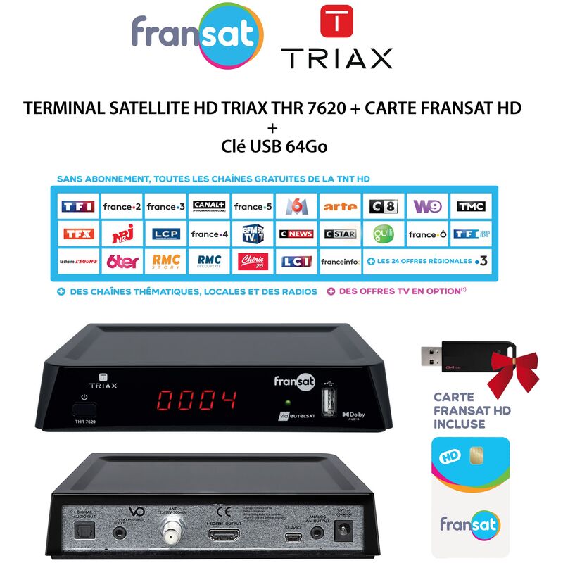 M-e - Pack Récepteur Décodeur Terminal Satellite hd triax thr 7620 + Carte fransat hd + Clé usb 64Go - Noir