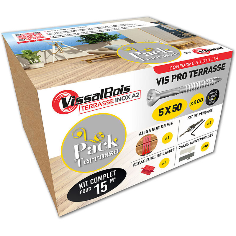 Pack terrasse complet 15m2 600 vis inox A2 5x50mm + accessoires Vissal