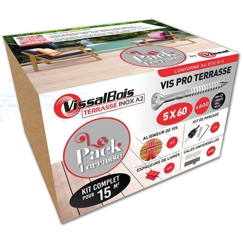 Vissal - Pack terrasse complet 15m2 600 vis inox A2 5x60mm + accessoires