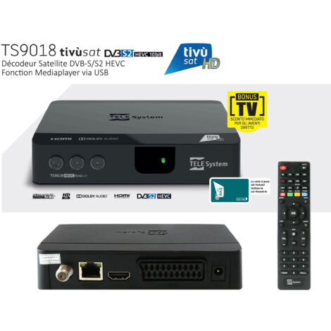 Pack Tivùsat Récepteur satellite, Décodeur Tivùsat HD - TELE System TS9018HEVC + Carte Tivùsat HD Activation Comprise - DVB-S / S2 HD, Classique 10 bits, HD 1080p