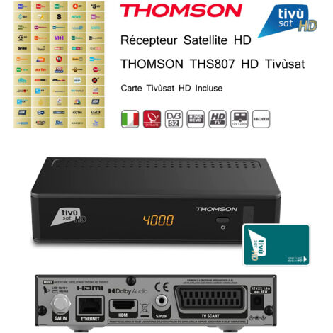Pack Tivùsat Récepteur Satellite HD - THOMSON THS807 HD + Carte Tivùsat HD Activation Comprise - DVB-S -S2, 60 Chaînes HD Nationales Internationales
