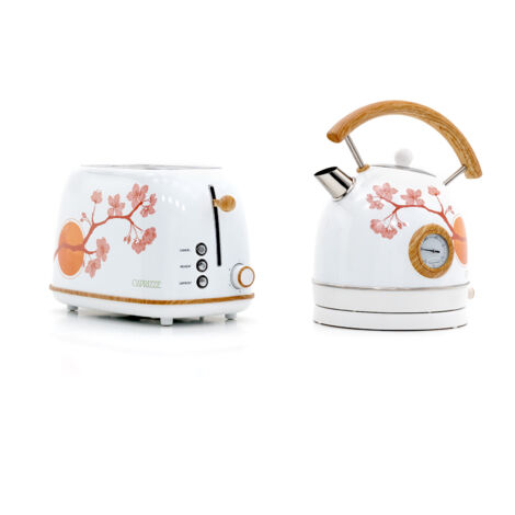 Pack Tostadora de Pan Caprizze Kaito con Doble Ranura Extra Ancha y Hervidora Nara Color Blanco Mate Floral Diseño Retro Vintage