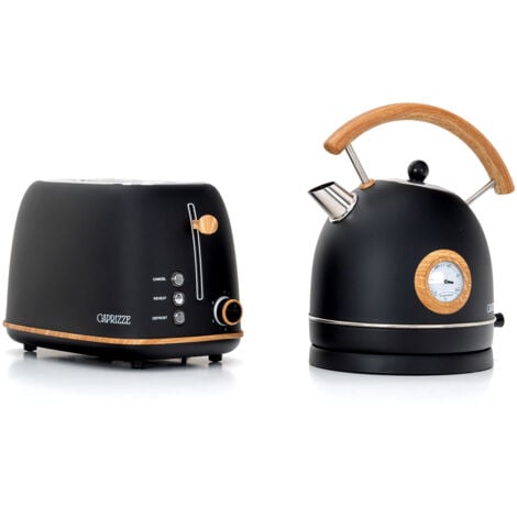 Pack Tostadora de Pan Caprizze Kaito con Doble Ranura Extra Ancha y Hervidora Nara Color Negro Mate con Diseño Retro Vintage