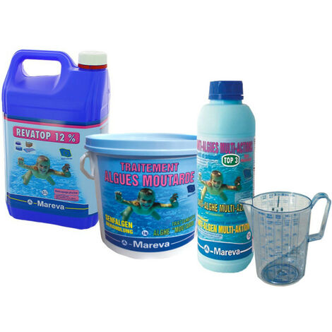 Pack traitement algues moutarde MAREVA pour piscine - Désinfectant - Clarifiant - Pichet doseur