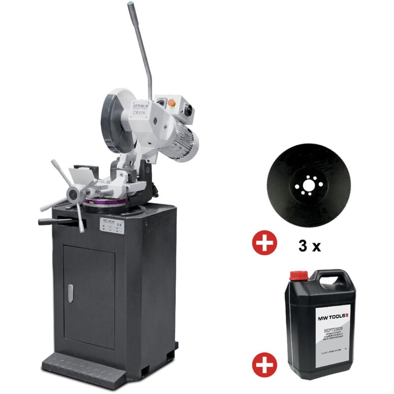 Pack Tronçonneuse métal acier inox 0,75/1,5 kW 400 v 3 lames circulaires ø315 mm 19/38 tr/min avec pompe + socle et 5L liquide de refroidissement