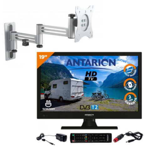 Pack TV LED 18.5" 47cm HD 12V – Résolution 1366x768 – Très faible consommation 15W – Support TV double bras 180° – Antarion