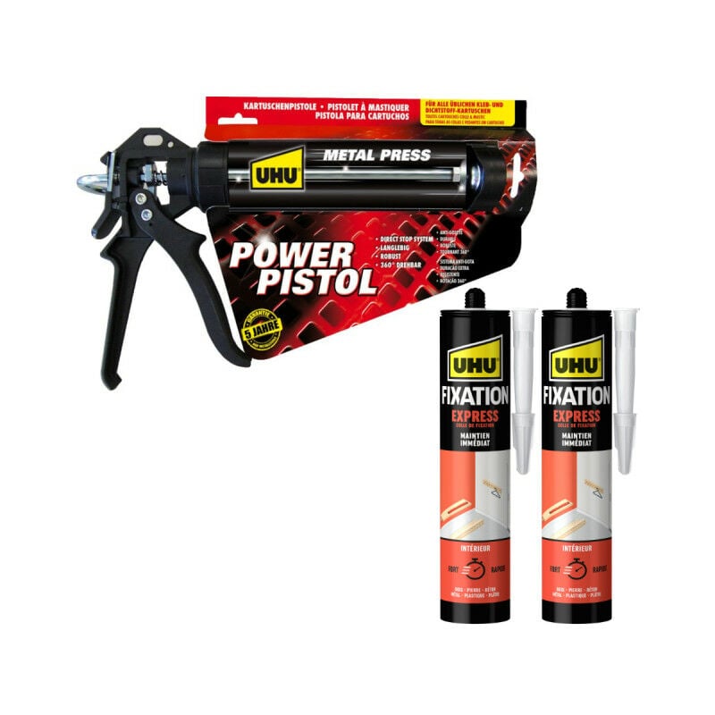 UHU - Pack Power pistol - 2 cartouches colle Mastic de fixation Express - 2x370g