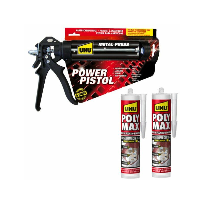 Pack UHU Power Pistol - 2 cartouches colle mastic Prise Immédiate Polymax Invisible - 2x300g - Transparent