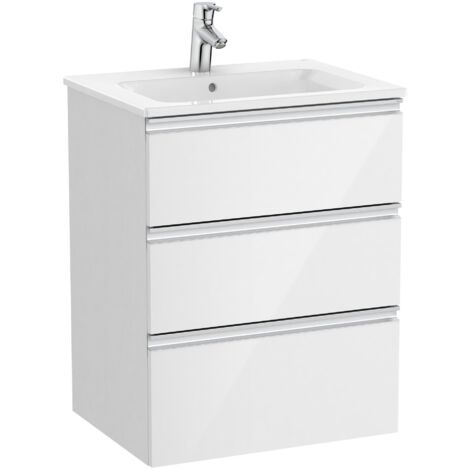 Pack Unik meuble bas 3 tiroirs + lavabo central THE GAP - ROCA Couleur : Blanc brillant - Dimensions : 605x460x763 mm