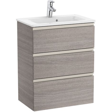 Pack Unik meuble bas compact 3 tiroirs + lavabo THE GAP - ROCA Coloris : Chêne City texturé - Dimensions : 605x380x759 mm