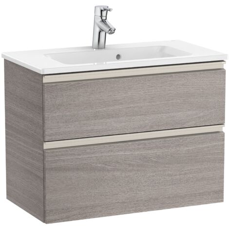 Pack Unik meuble bas compact avec 2 tiroirs + lavabo THE GAP - ROCA Couleur : Chêne City texturé - Dimensions : 705x380x537 mm