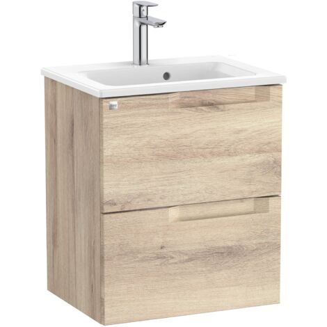 Pack Unik meuble bas compact avec deux tiroirs + lavabo ALEYDA - ROCA Couleur : Bois Beige - Dimensions : 505x380x565 mm