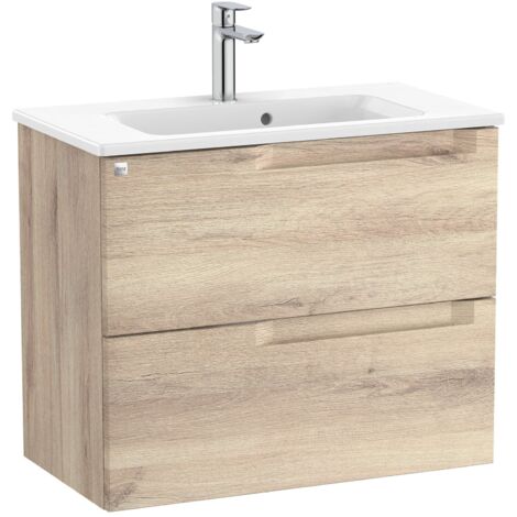 Pack Unik meuble bas compact avec deux tiroirs + lavabo ALEYDA - ROCA Couleur : Bois Beige - Dimensions : 705x380x565 mm