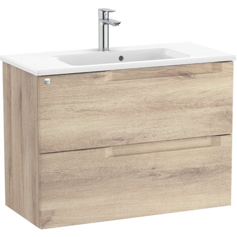 Pack Unik meuble bas compact avec deux tiroirs + lavabo ALEYDA - ROCA Couleur : Bois Beige - Dimensions : 805x380x565 mm