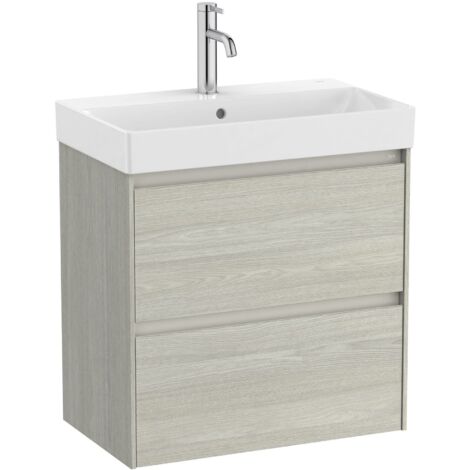 Pack Unik meuble bas compact en chêne avec 2 tiroirs + lavabo ONA - ROCA