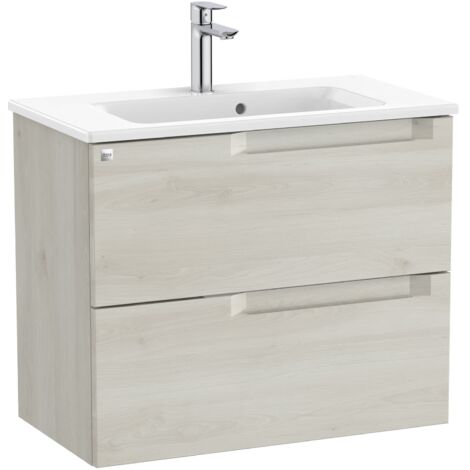 Pack Unik mueble base compacto de dos cajones + lavabo ALEYDA - ROCA Color: Blanco Madera - Medidas: 705x380x565 mm