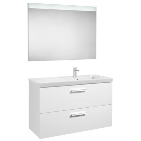 Pack Unik PRISMA 1100 meuble 2 tiroirs lavabo à droite miroir LED - Blanc brillant - Roca