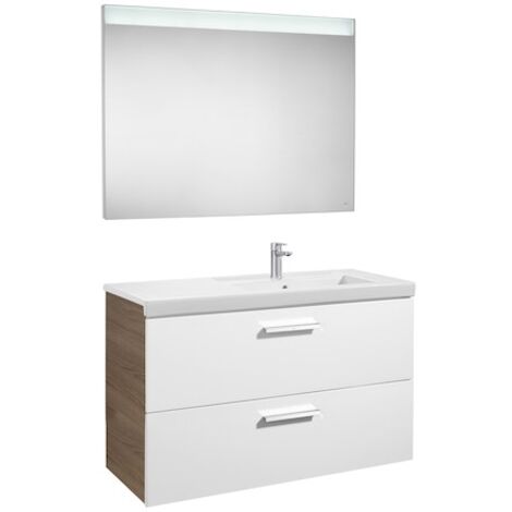Pack Unik PRISMA 1100 meuble 2 tiroirs lavabo à droite miroir LED - Blanc / Frêne - Roca