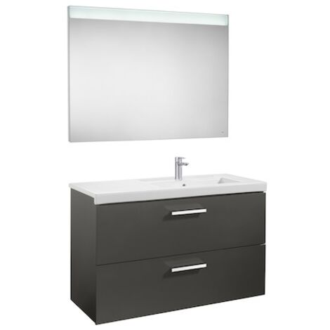 Pack Unik PRISMA 1100 meuble 2 tiroirs lavabo à droite miroir LED - Gris anthracite - Roca