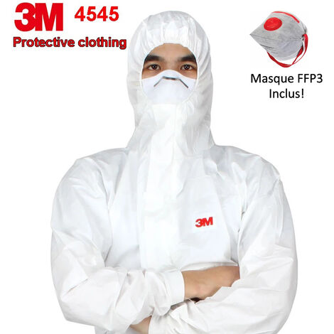 PACK Vêtements de protection à capuche Combinaison 3M 4545, Taille L + Masque FFP3 - Contre particules sèches, éclaboussures chimiques, Anti-poussière, particules nocives, liquides peu dangereux
