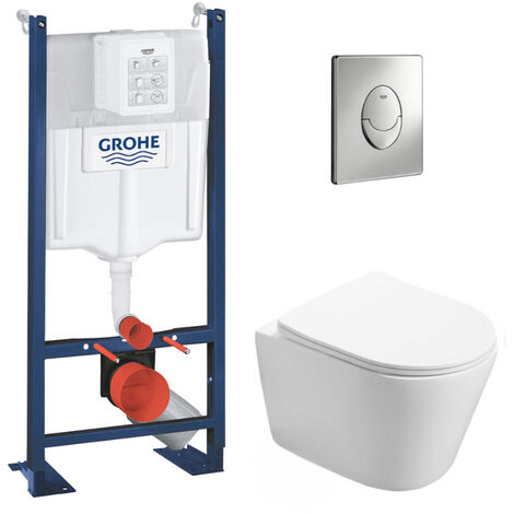 Pack WC Bâti autoportant GROHE + WC Swiss Aqua Technologies Infinitio sans bride + Plaque chrome (ProjectInfinitio-2)