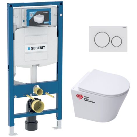 Pack WC Bati Geberit + Cuvette Swiss Aqua technologies sans bride + Abattant soft close + Plaque (GebSATrimless-J)