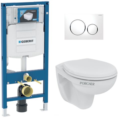 Pack WC Bati Geberit  Duofix + WC suspendu Porcher sans bride + abattant Eurovit + Plaque de commande blanche/chrome (GebPorcher