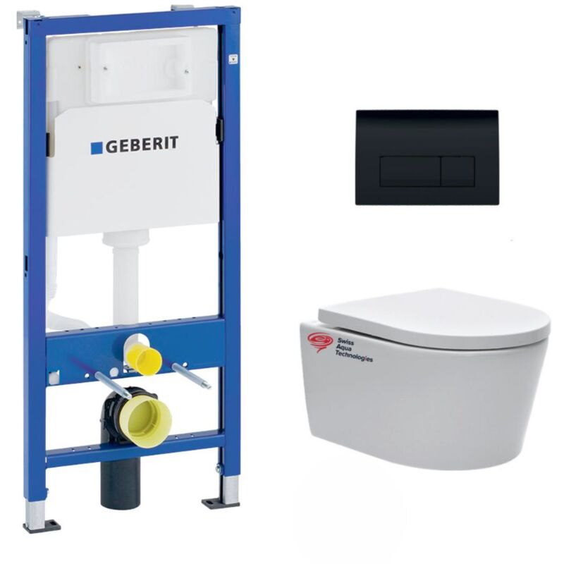 Geberit - Pack wc Bati UP100 + wc sans bride Swiss Aqua Technologies + Abattant softclose + Plaque Noir brillant